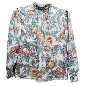 Diane Von Furstenberg Floral High Neck Back-Button Long Sleeve Shirt Size 8 VTG